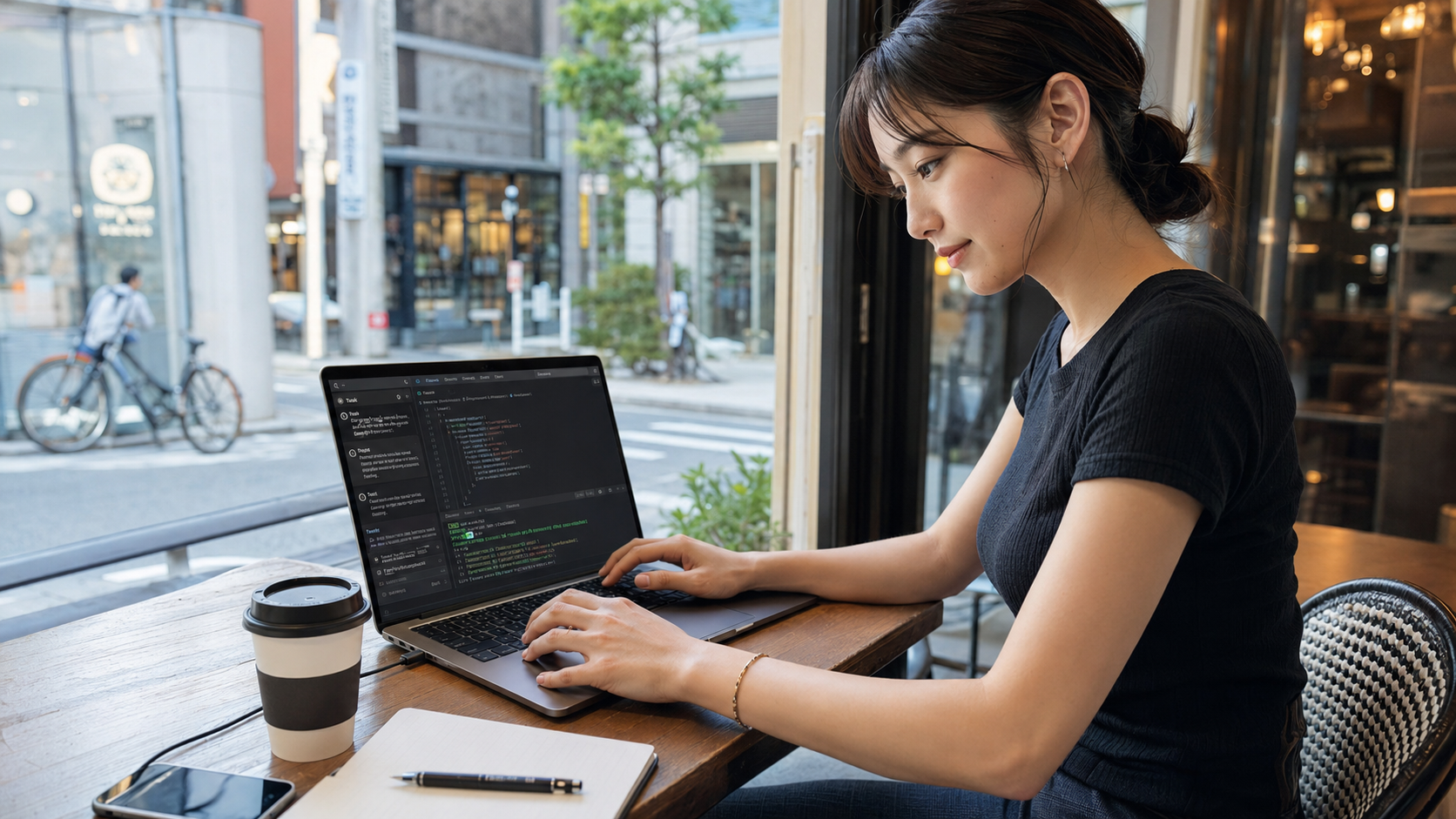 A developer at a café laptop with an AI task panel and code editor open side by side, reading through the generated code line by line rather than trusting it blindly