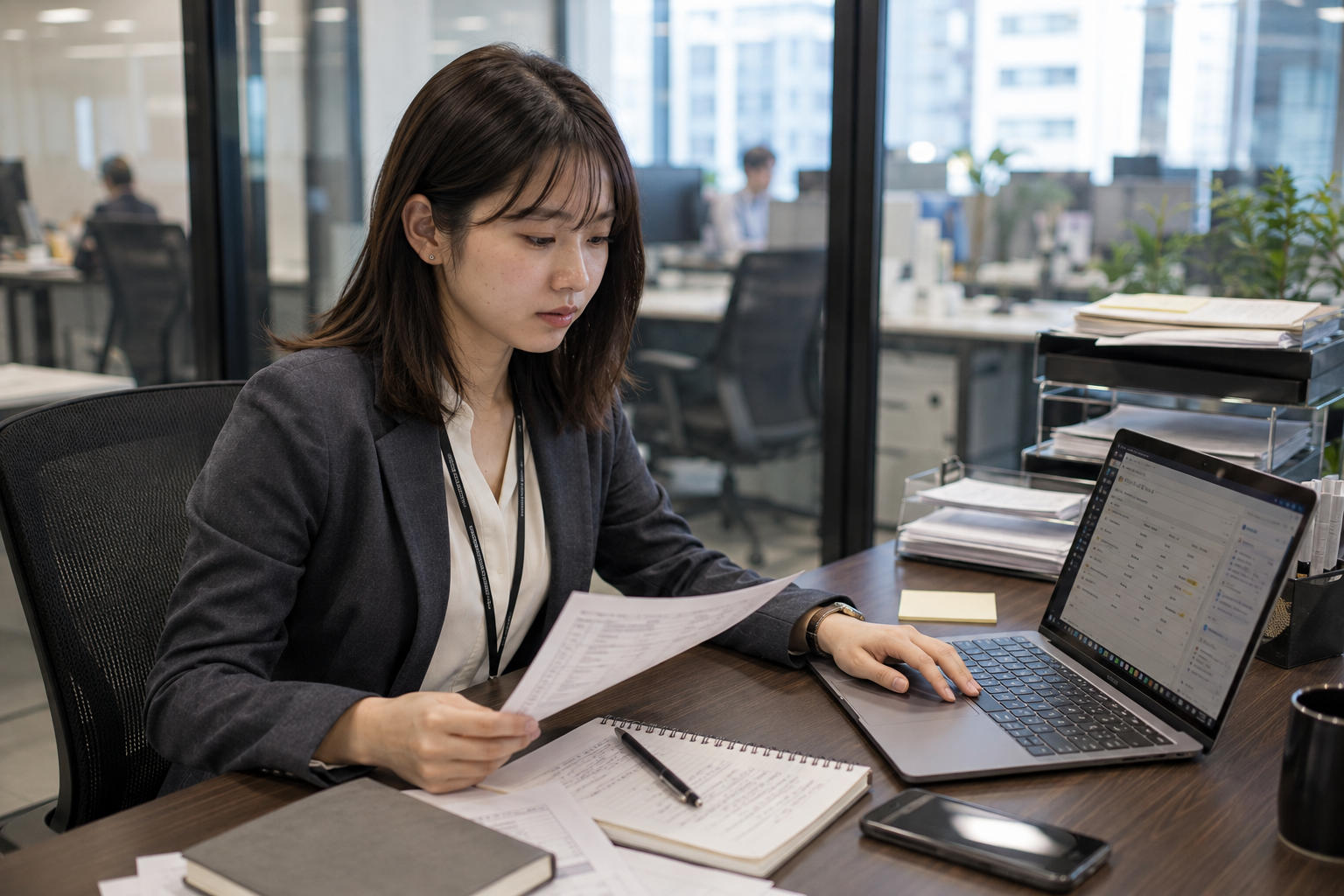 A professional reviewing a printed report while working with a business application on her laptop in a modern office