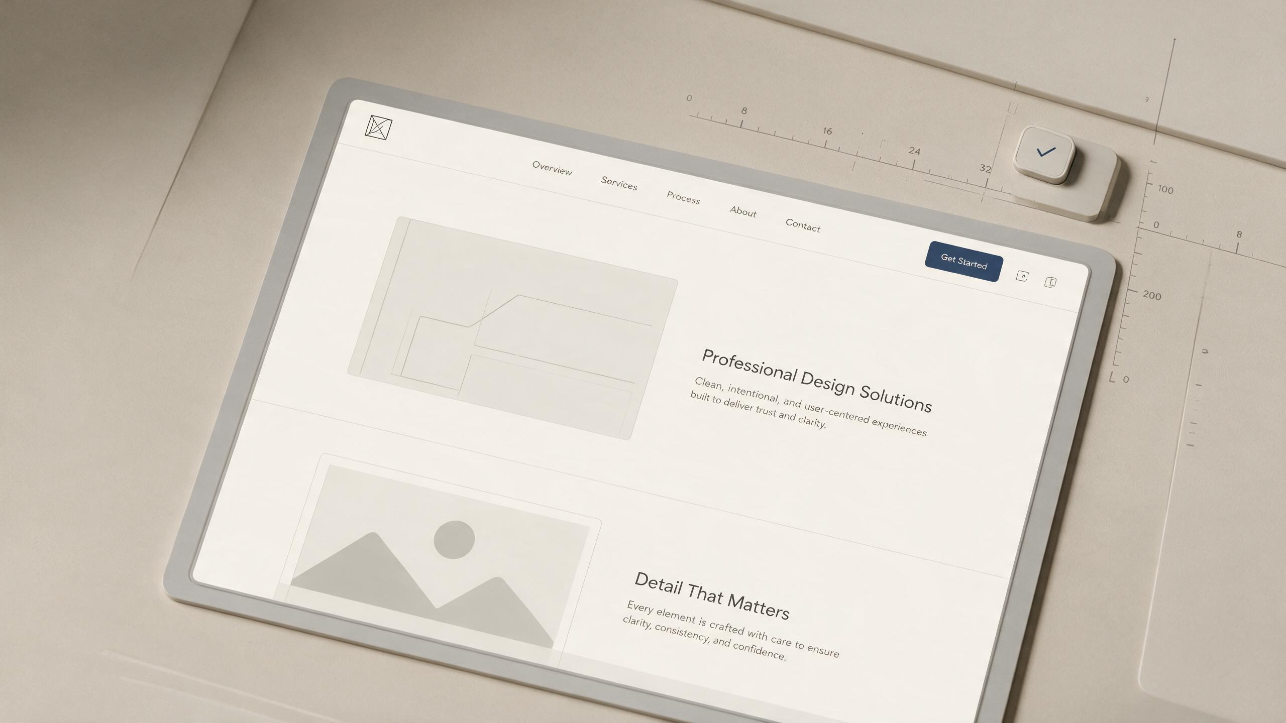 A tablet mockup of a clean, minimal website interface resting on a designer's desk — restraint and precision reading as premium