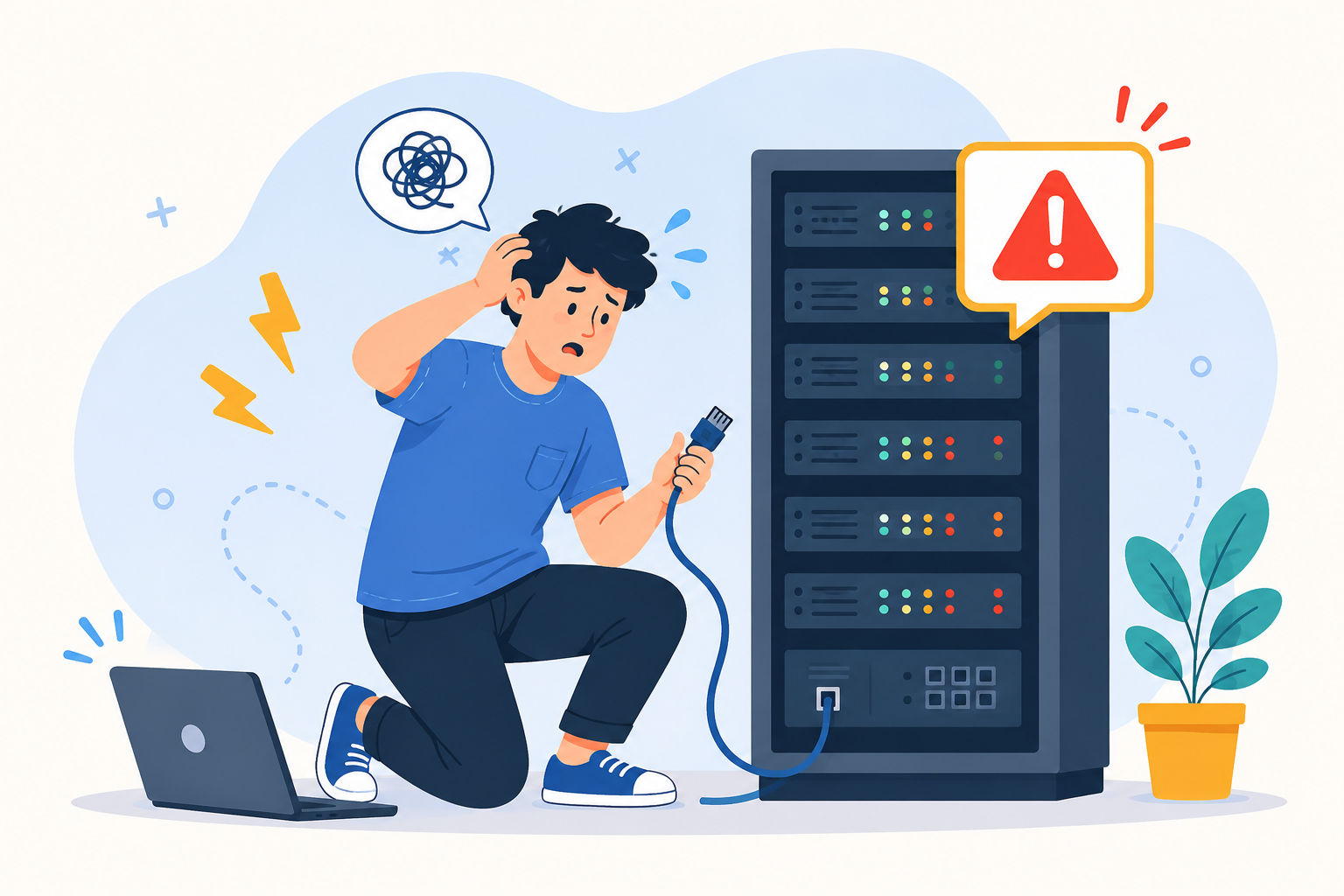 A stressed engineer kneeling in front of a server rack, cable in hand, with a confused thought bubble and a red warning alert — the manual-deploy panic that GitOps replaces