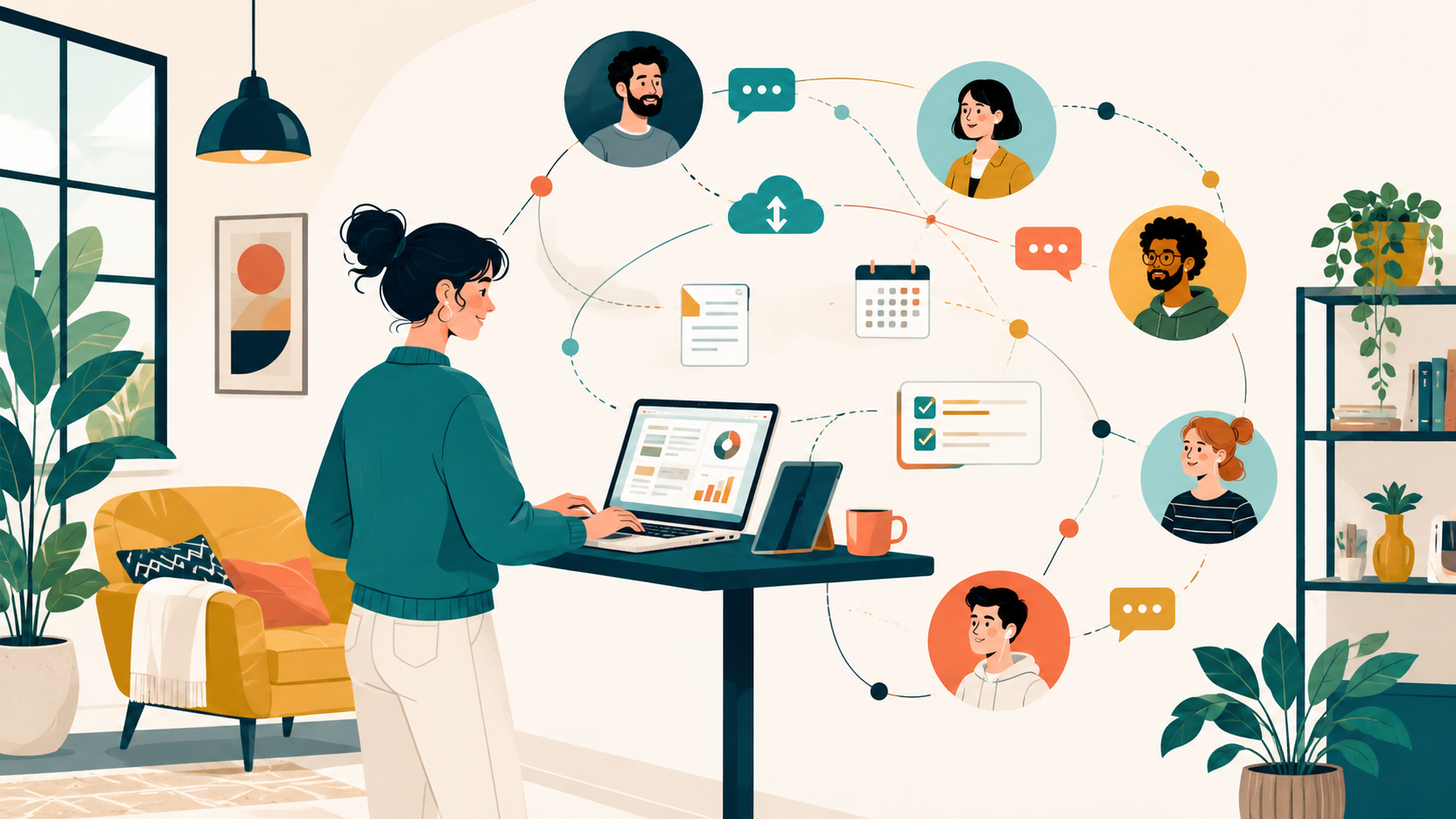 A woman working at a standing desk in a warm home office, connected by dotted lines to five remote teammates and the calendar, chat, and file-sharing tools that keep them in sync