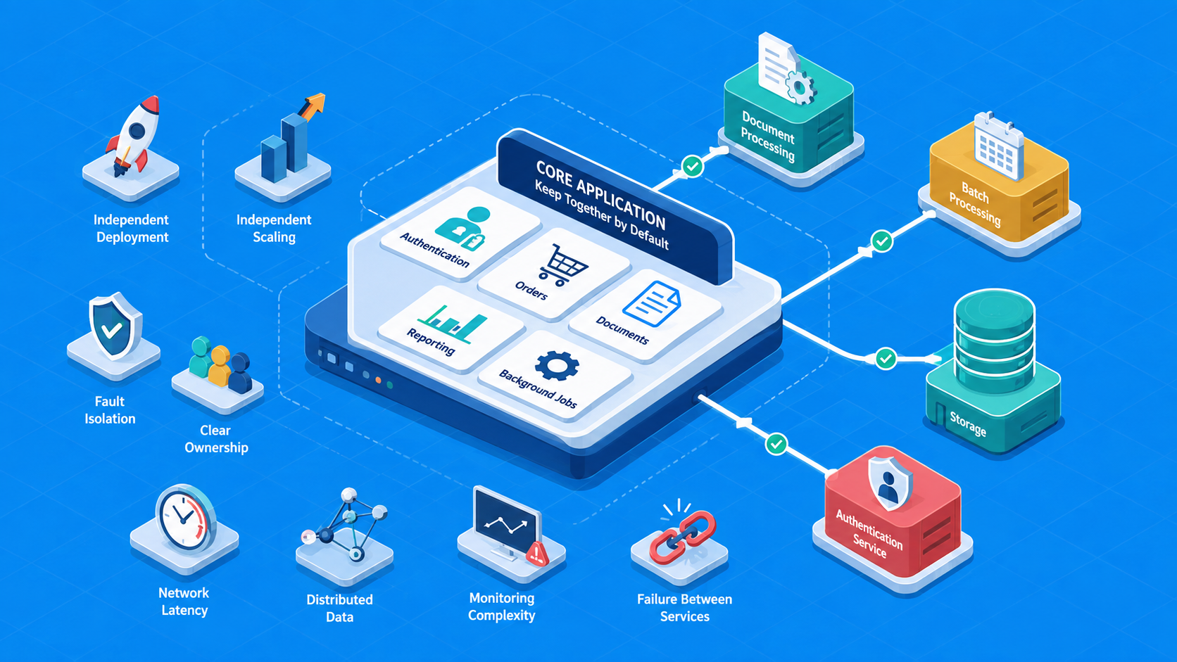 A diagram of a core application — auth, orders, reporting, documents, background jobs — kept together by default, with only a few pieces peeled off into separate services once they earn it, weighed against the real costs of splitting: latency, distributed data, and monitoring complexity