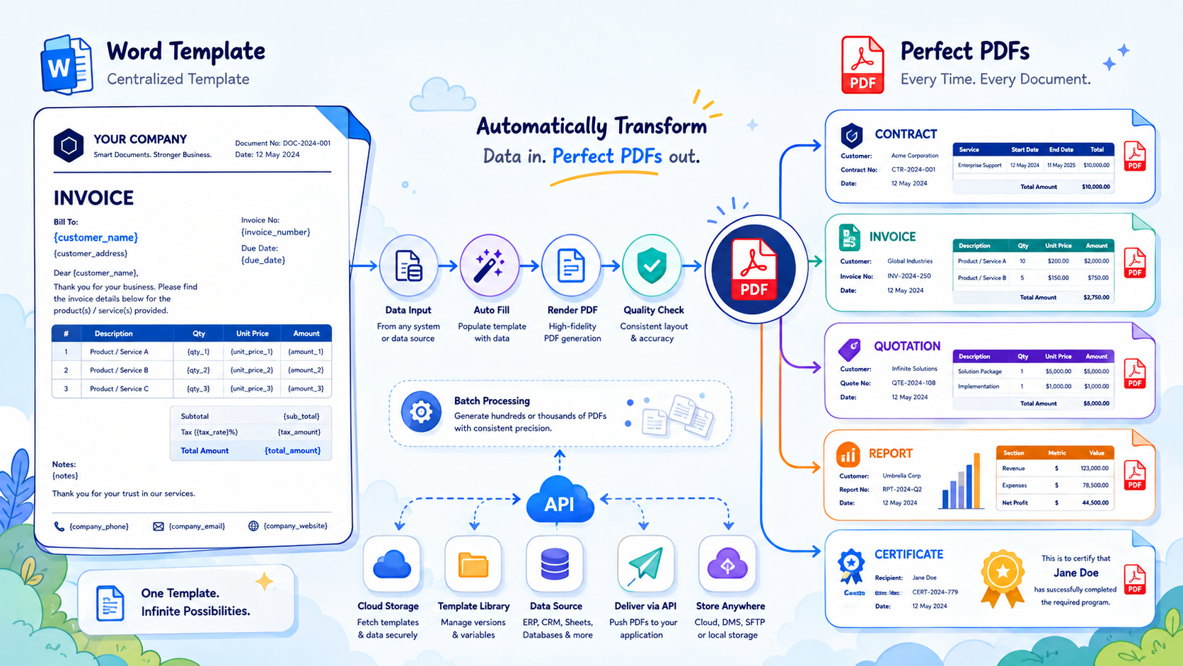 A single Word invoice template with placeholder fields flowing through a fill-render-quality-check pipeline, fed by APIs and data sources, and out the other side as a batch of perfect PDFs — contracts, invoices, quotes, reports, certificates